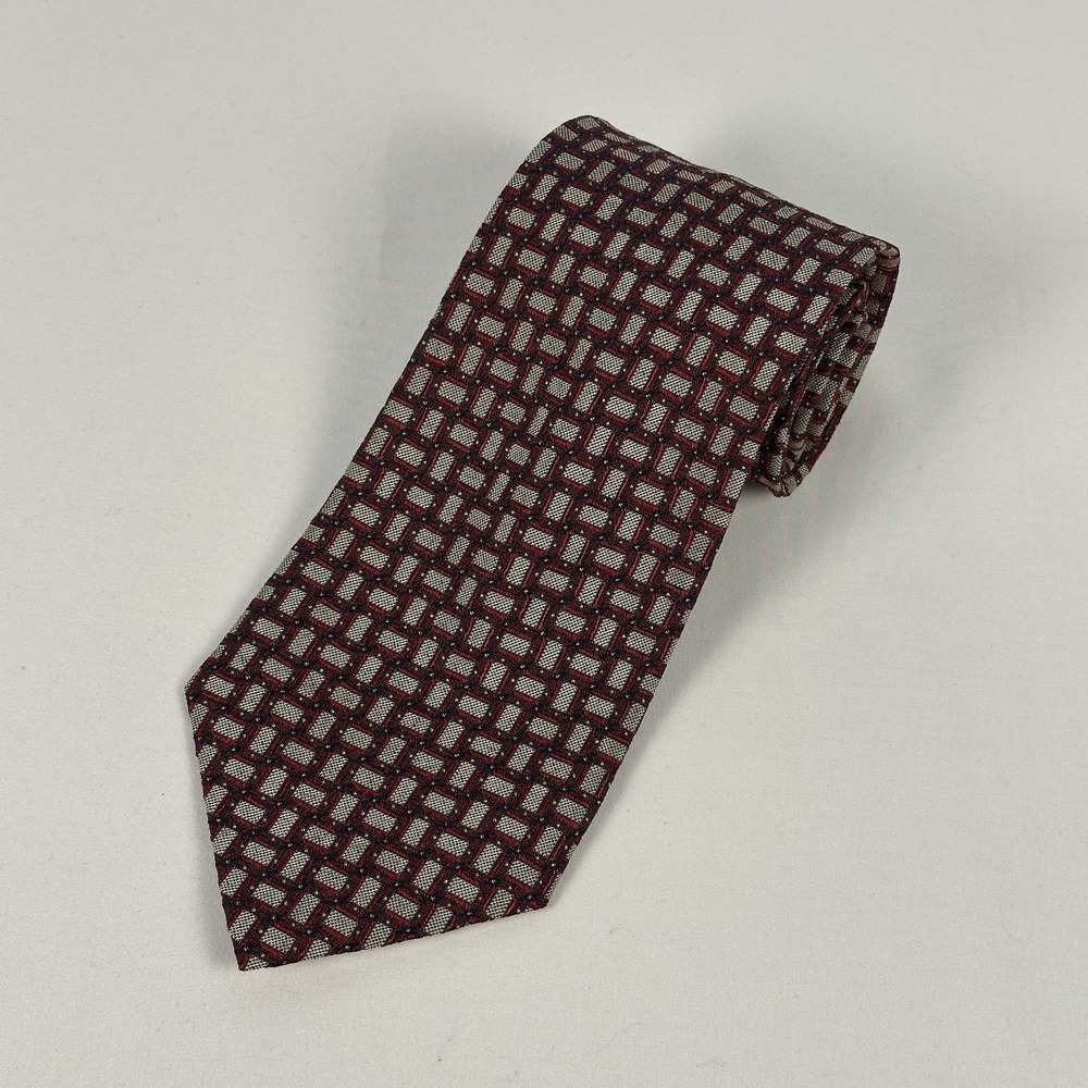 Donna Karan New York Silk Tie Vintage Red Silver Interlocking Geometric 3.75" W